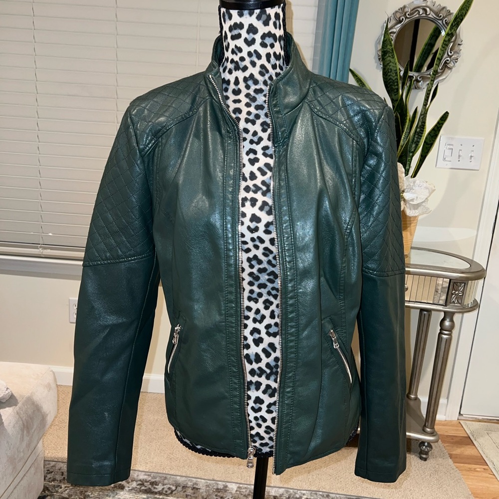 GUESS Faux Leather Hunter Green Zip-Up Jacket